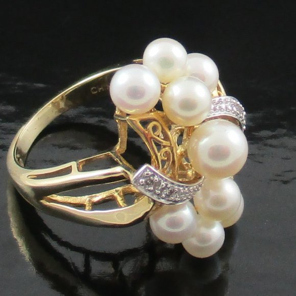 14K Yellow Gold Cultured Freshwater Pearl Cluster & Diamond Accent Ring - Picture 6 of 7